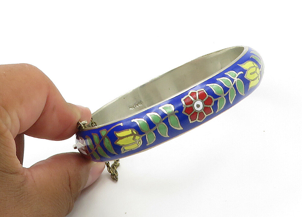 925 Sterling Silver  Vintage Enamel Floral Pattern Bangle Bracelet  BT8540