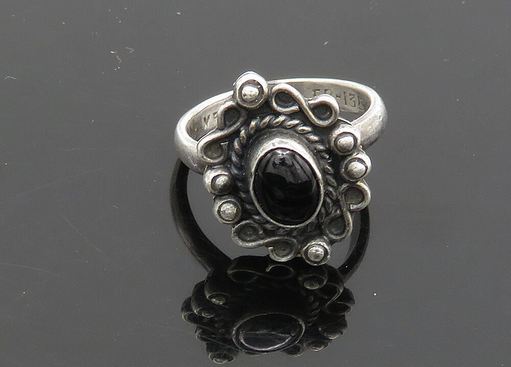 MEXICO 925 Silver  Vintage Black Onyx Floral Motif Band Ring Sz 6.5  RG20954