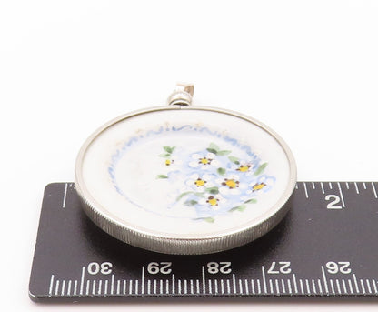 925 Sterling Silver Vintage Pendant SUE POWELL Floral Enameled Plate  PT24041
