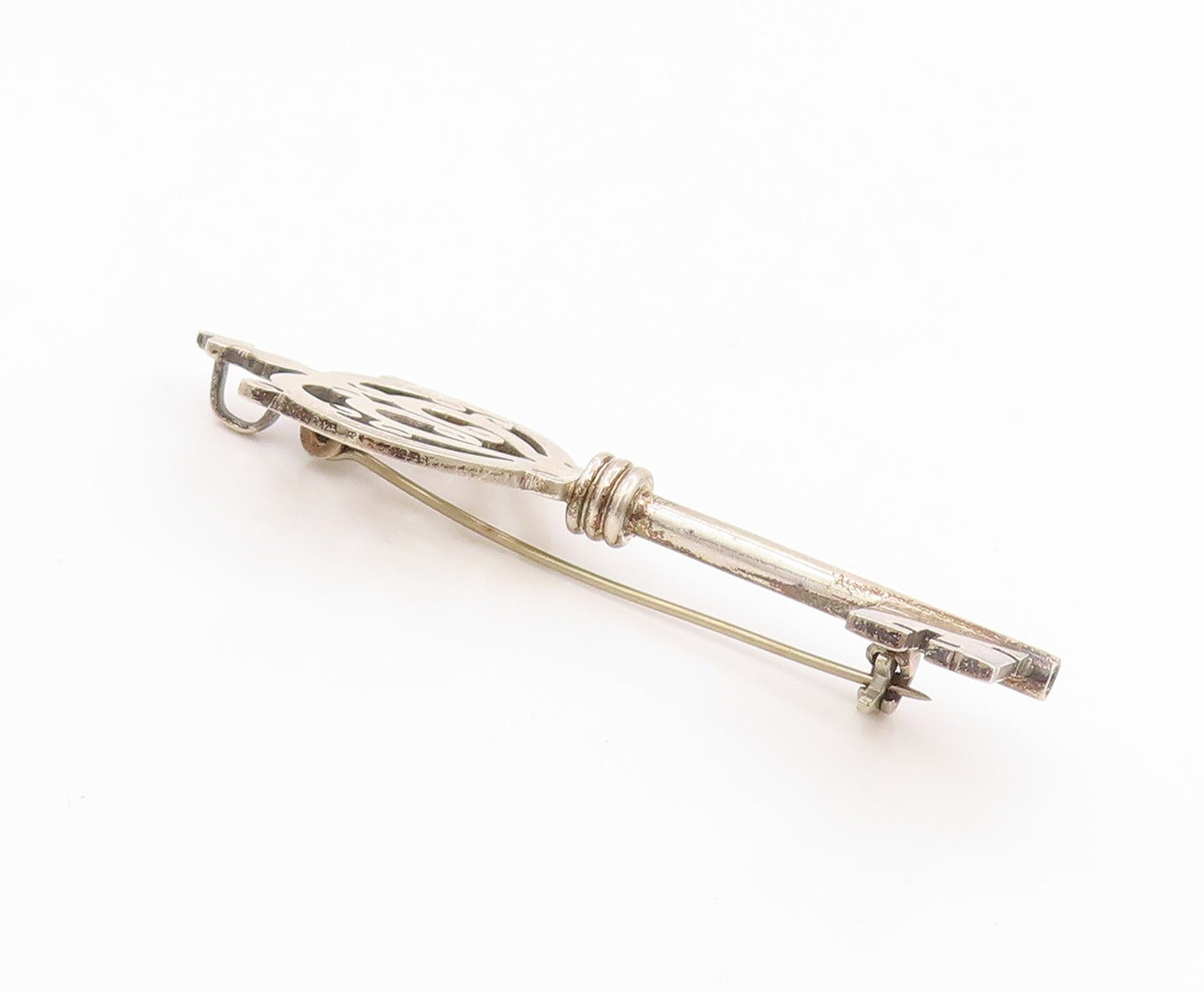 925 Sterling Silver Vintage Brooch Pin MEXICO Antique Crown Cutout Key  BP12486