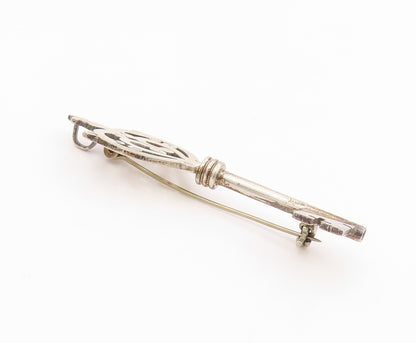 925 Sterling Silver Vintage Brooch Pin MEXICO Antique Crown Cutout Key  BP12486
