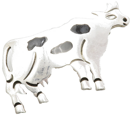 MEXICO 925 Sterling Silver  Vintage Black Onyx Spotted Cow Brooch Pin  BP5074