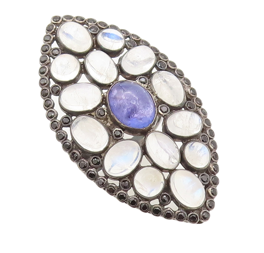 925 Sterling Silver Vintage Ring Oval Cabochon Moonstone & Spinel  Sz 7  RG29896