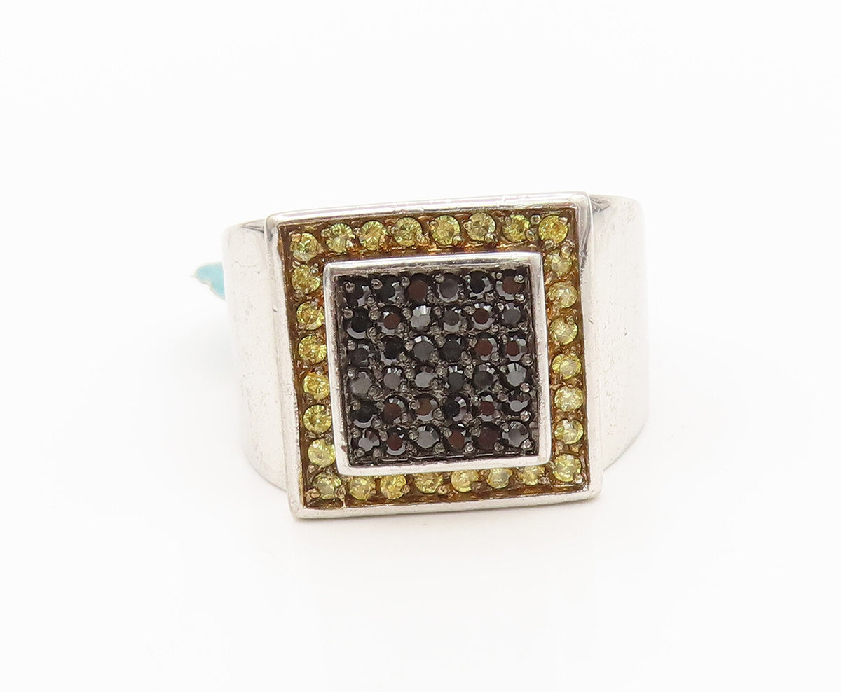 925 Sterling Silver Vintage Black & Yellow Sapphire Square Ring Sz 11.5 RG27157