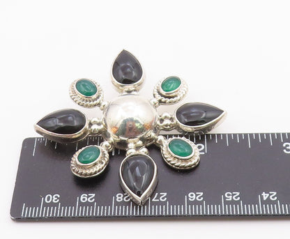 MEXICO 925 Silver  Vintage Black Onyx & Carnelian Floral Brooch Pin  BP5075