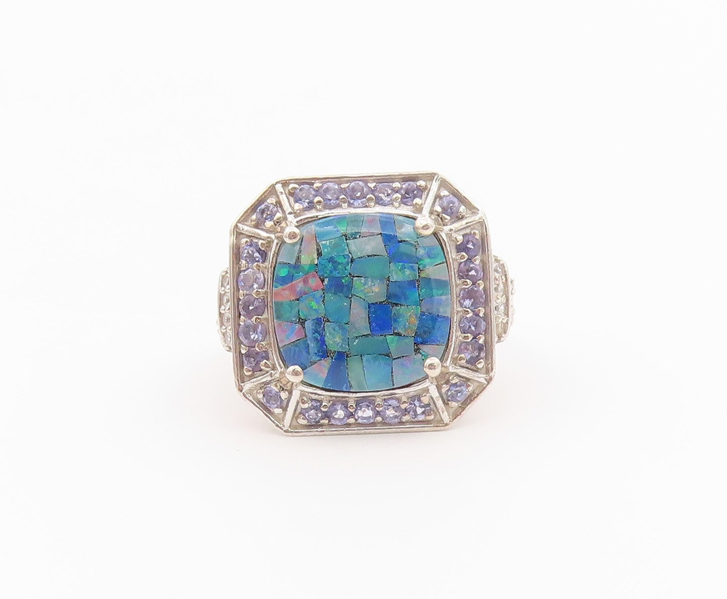925 Sterling Silver Vintage Ring D'JOY Opal & Tanzanite Band  Sz 10  RG36433