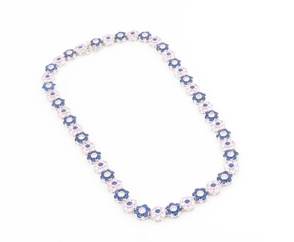 925 Sterling Silver Vintage Necklace Pink & Blue Topaz Floral Link Chain  NE4813