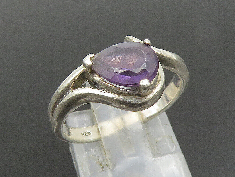 925 Sterling Silver  Vintage Pear Shaped Amethyst Bypass Ring Sz 7  RG25154