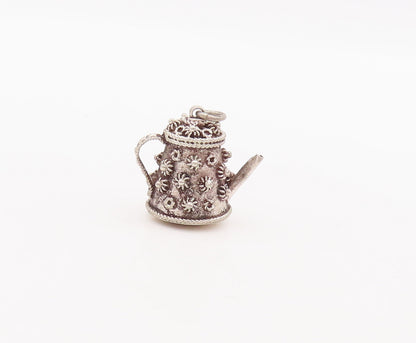 925 Sterling Silver Vintage Pendant Solid Coiled Floral Carved Tea Pot  PT23163