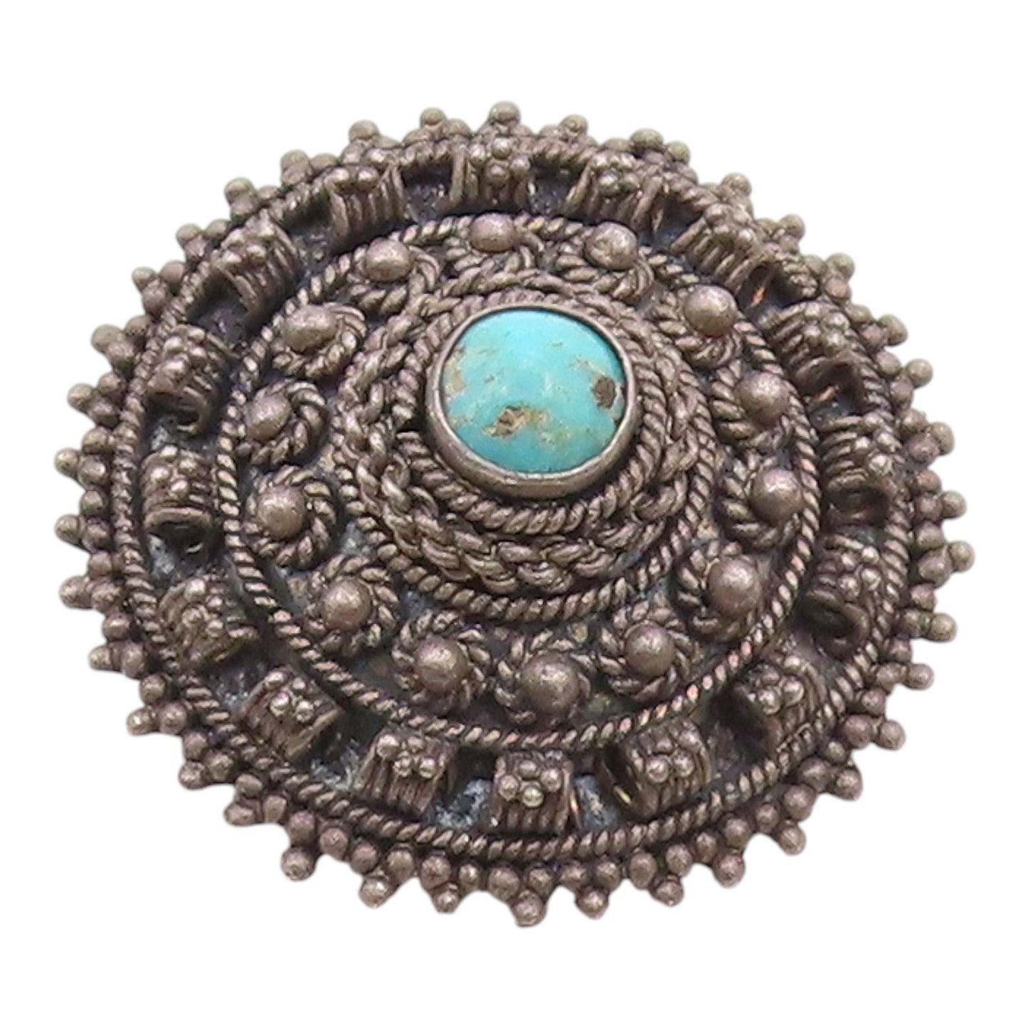 ISRAEL 925 Silver  Vintage Turquoise Dark Tone Floral Dome Brooch Pin  BP3850
