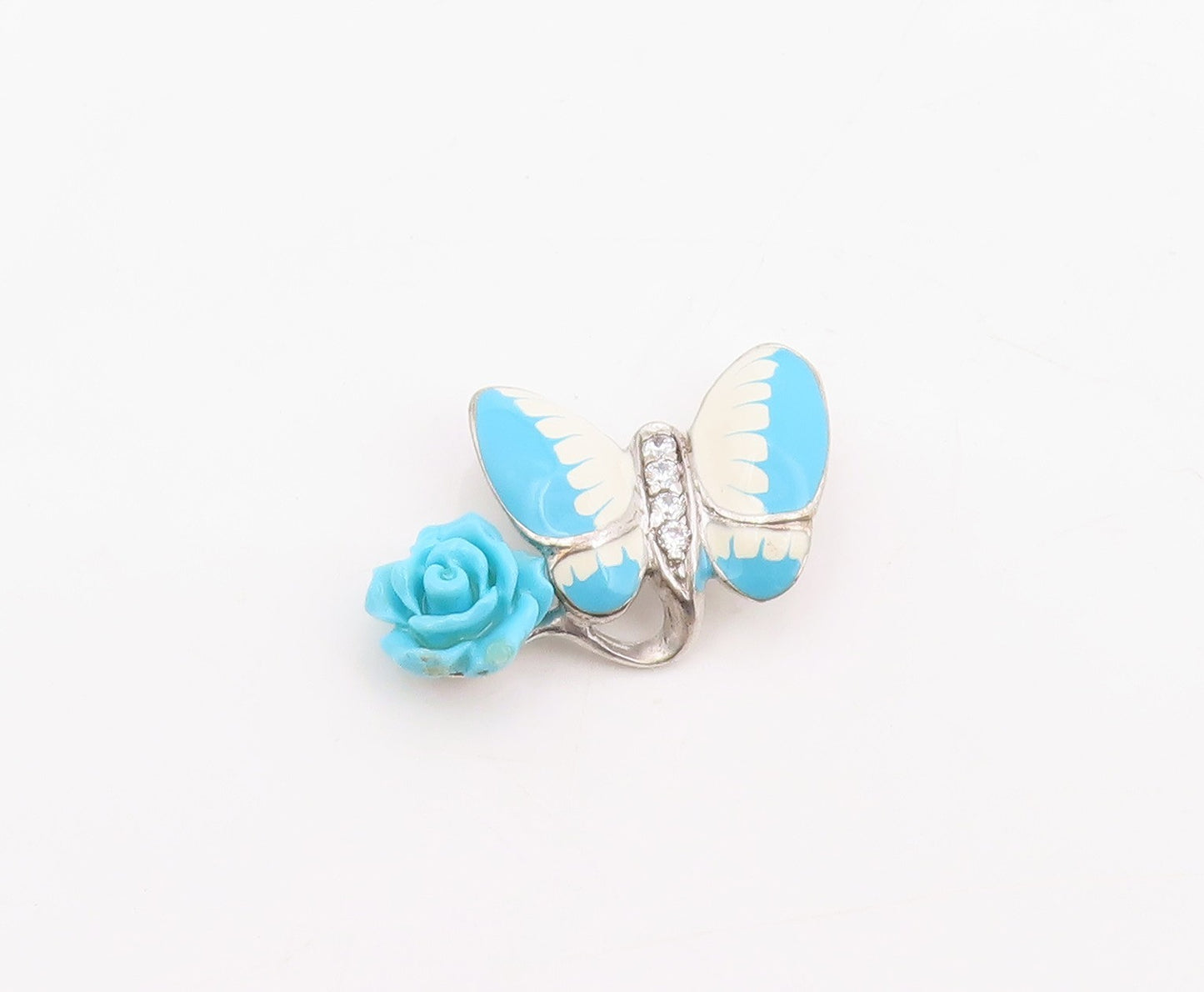 925 Sterling Silver Vintage Pendant CZ Enameled Butterfly & Rose Charm  PT25858