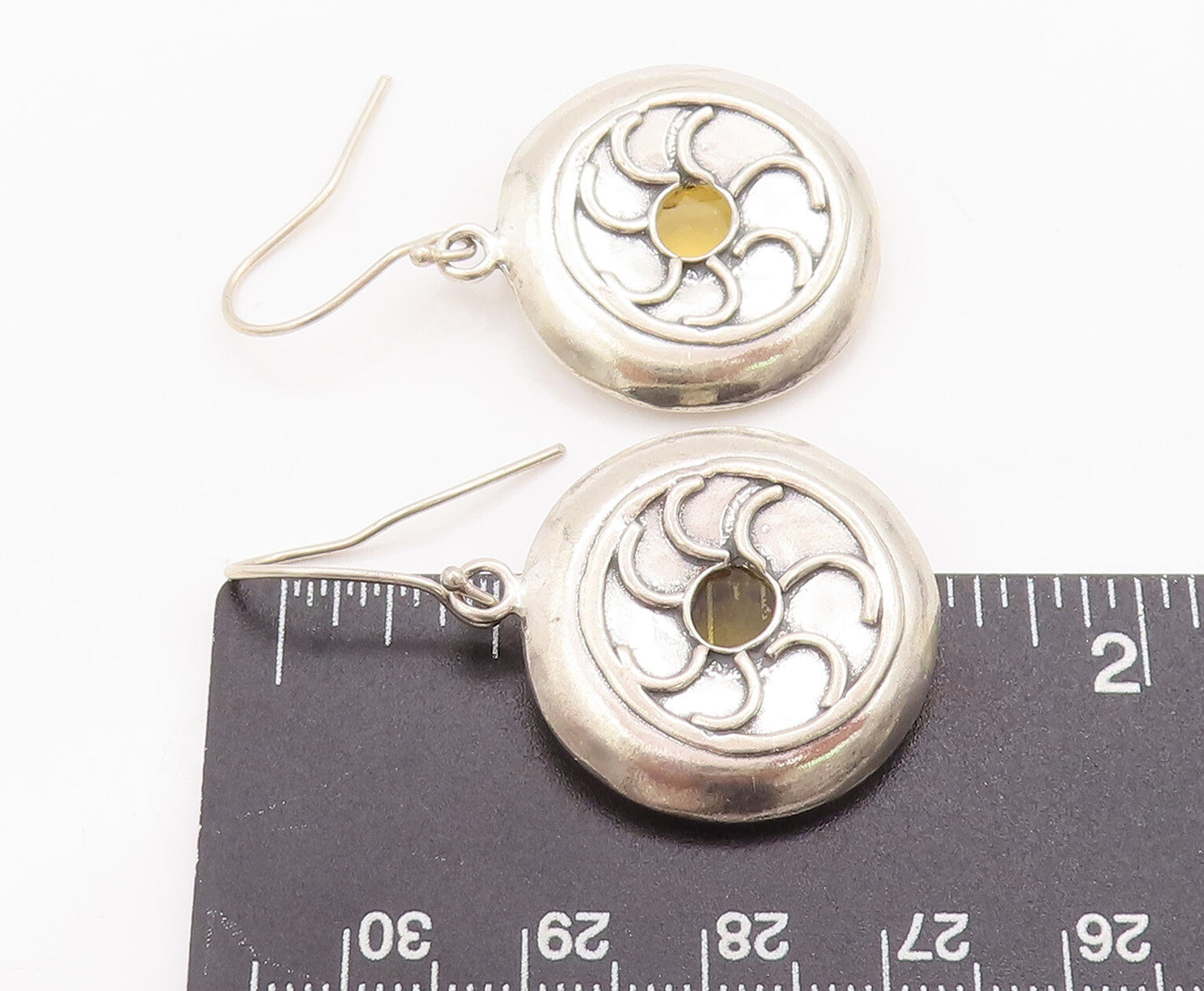 925 Sterling Silver Vintage Earrings Dangling Solid Carved Car Wheel   EG13041