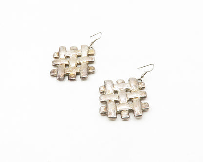 925 Sterling Silver  Vintage Shiny Woven Design Square Dangle Earrings  EG9451