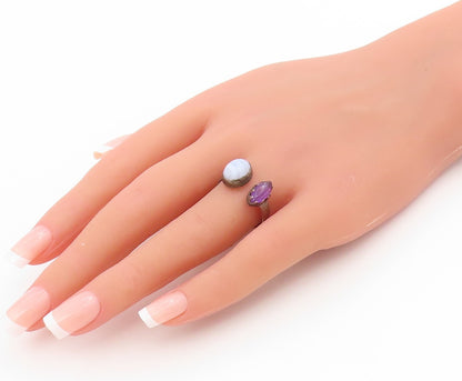 925 Sterling Silver Vintage Ring Amethyst & Moonstone Open Cuff  Sz 9  RG34616