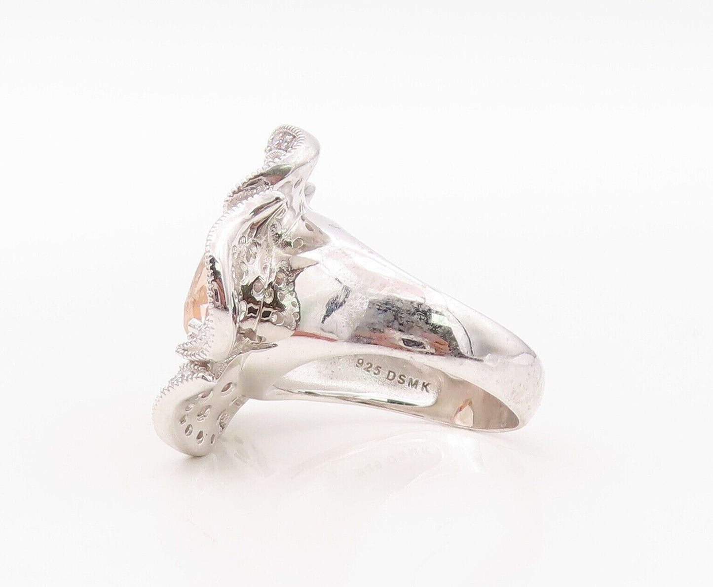 925 Sterling Silver Vintage Ring Morganite & CZ Carved Flower   Sz 7.5  RG29956