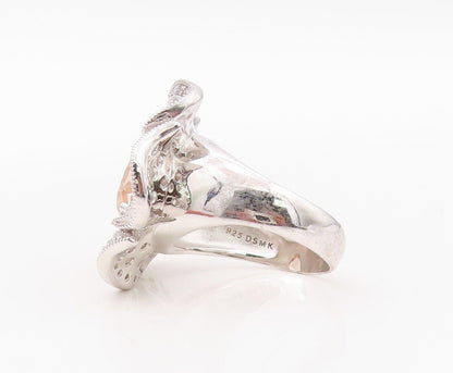 925 Sterling Silver Vintage Ring Morganite & CZ Carved Flower   Sz 7.5  RG29956