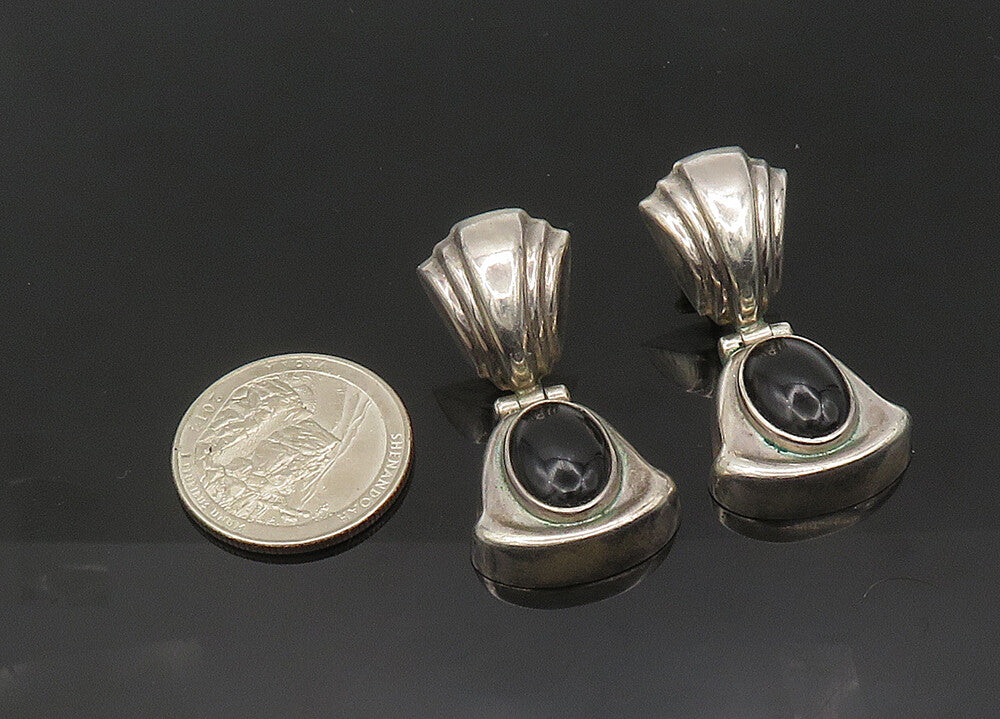 MEXICO 925 Sterling Silver  Vintage Cabochon Black Onyx Drop Earrings  EG10508