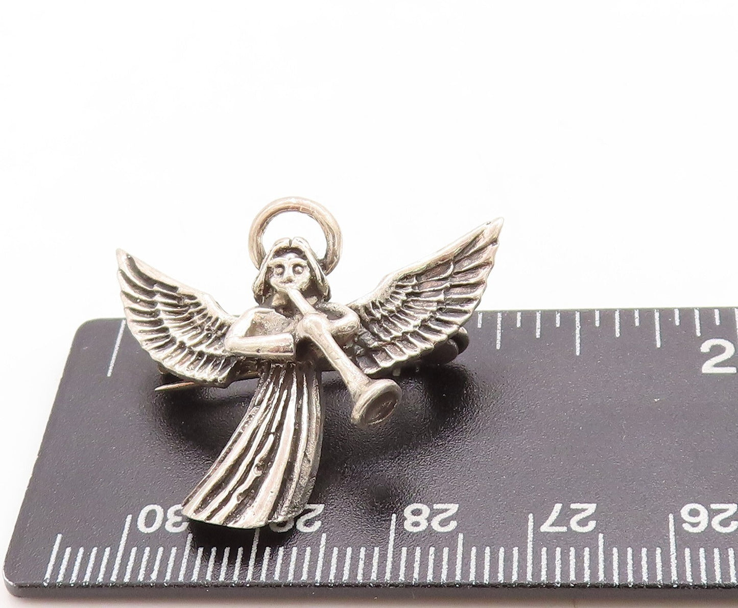 925 Sterling Silver Vintage Brooch Pin Dark Tone Angel Playing Music  BP11388