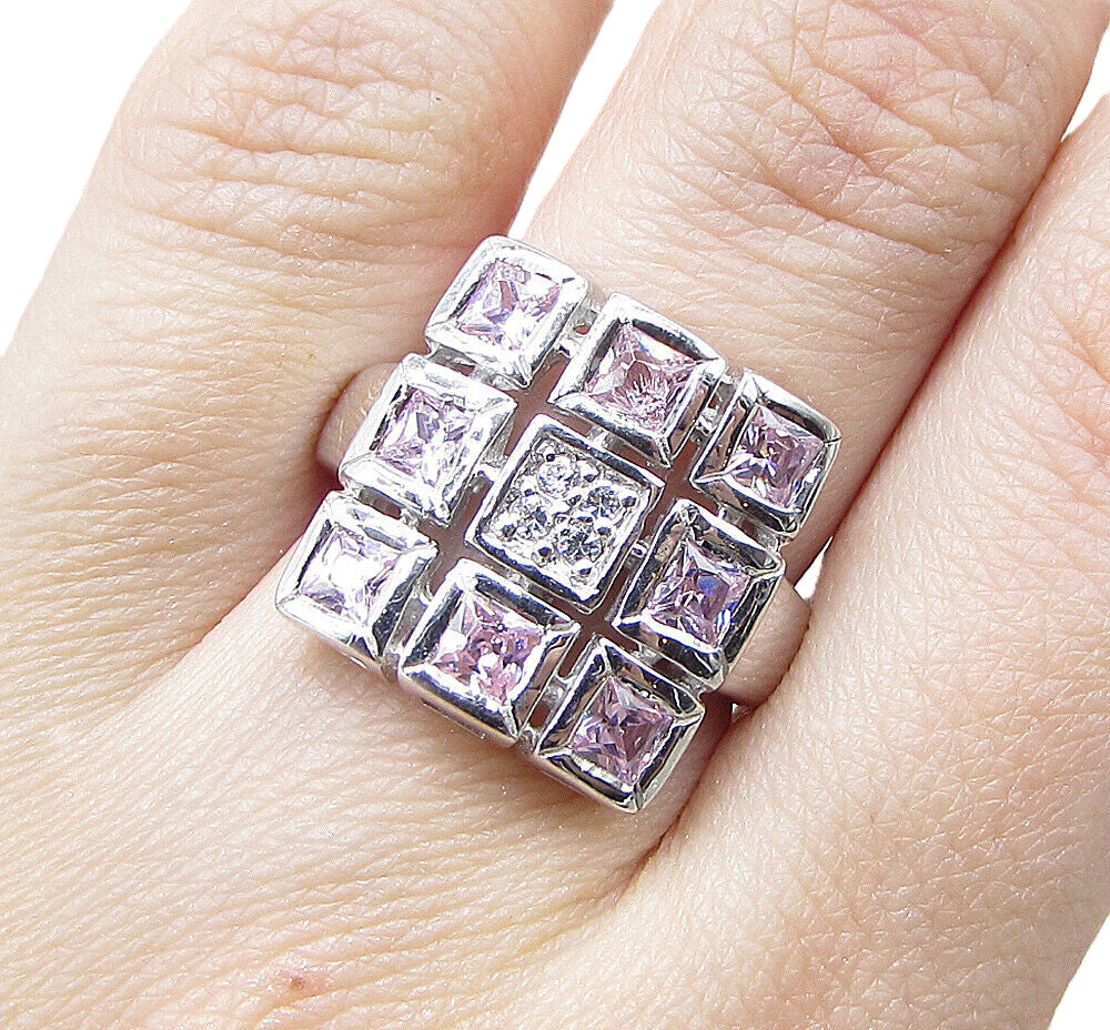 925 Silver  Pink Topaz & White Cubic Zirconia Boxed Cocktail Ring Sz 7  RG1585