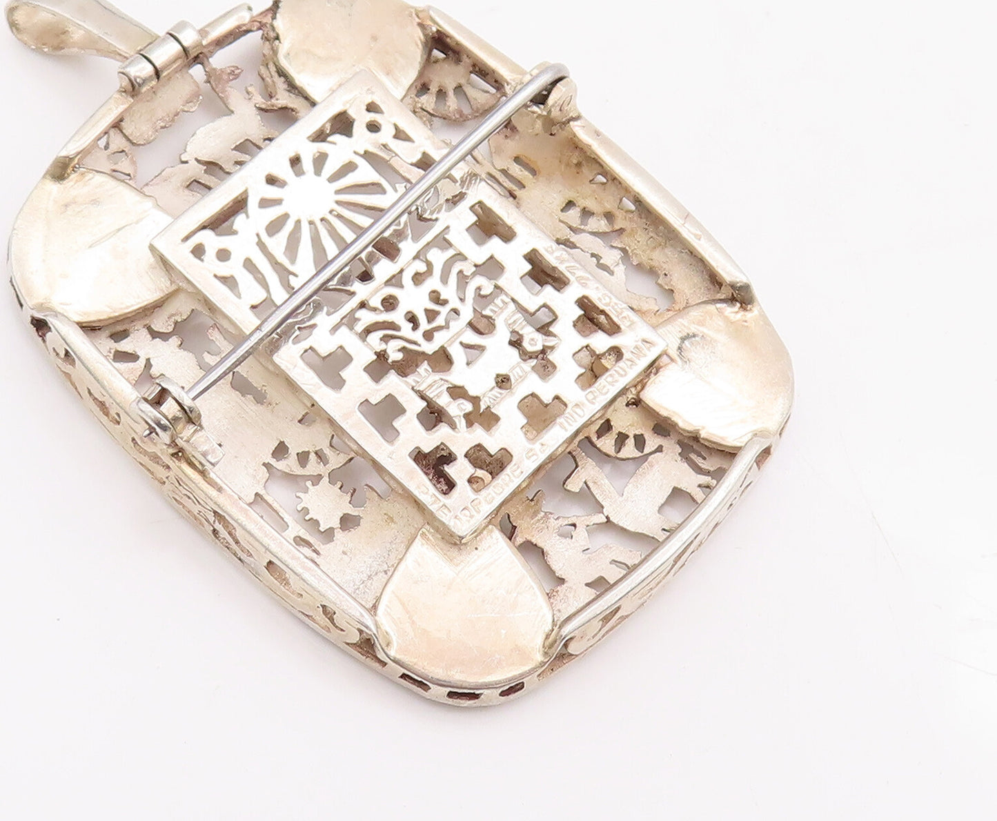 925 Sterling Silver Vintage Brooch Pin Egyptian Tribal Life Carved   BP11106