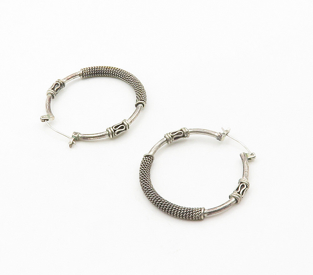 925 Sterling Silver  Vintage Dark Tone Rope Twist Swirl Hoop Earrings  EG7815