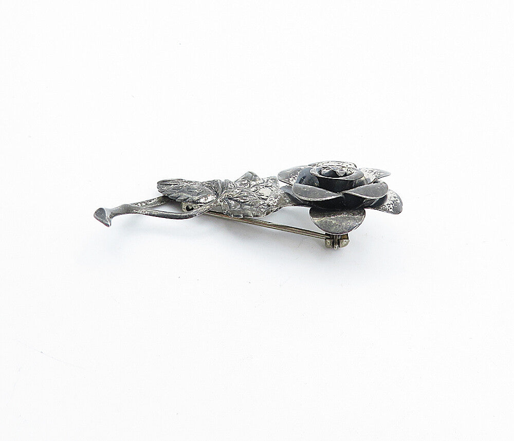 BEAU 925 Silver  Vintage Dark Tone Sculpted Rose Flower Brooch Pin  BP1416