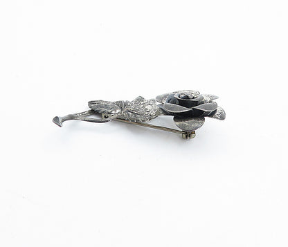 BEAU 925 Silver  Vintage Dark Tone Sculpted Rose Flower Brooch Pin  BP1416
