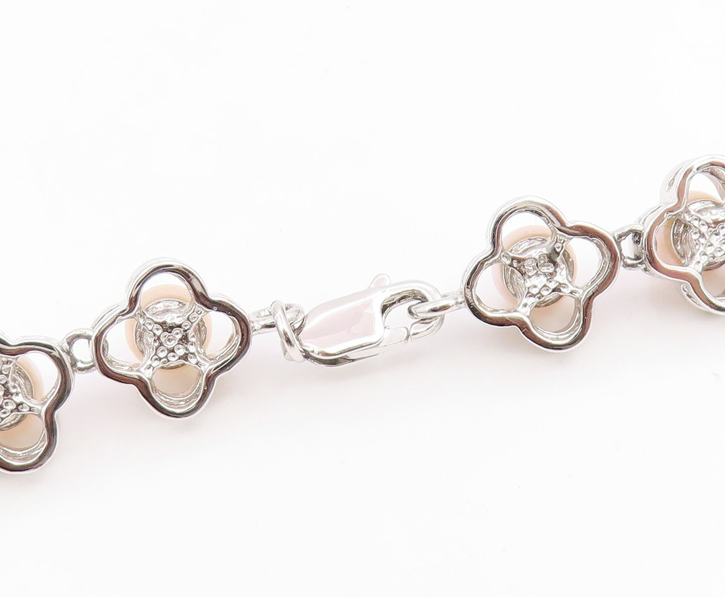 925 Sterling Silver Vintage Necklace Round Pearl Elegant Floral Chain  NE4810