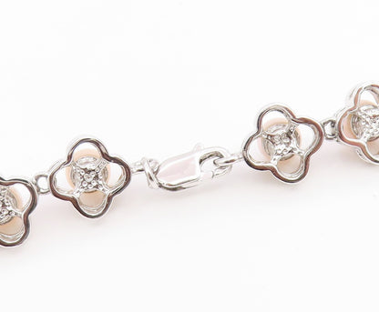 925 Sterling Silver Vintage Necklace Round Pearl Elegant Floral Chain  NE4810