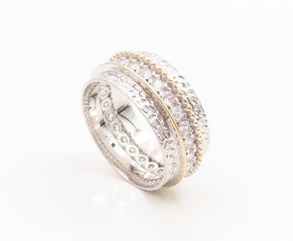 925 Sterling Silver Vintage Ring Two Tone CZ Wide Statement Band  Sz 8  RG34993