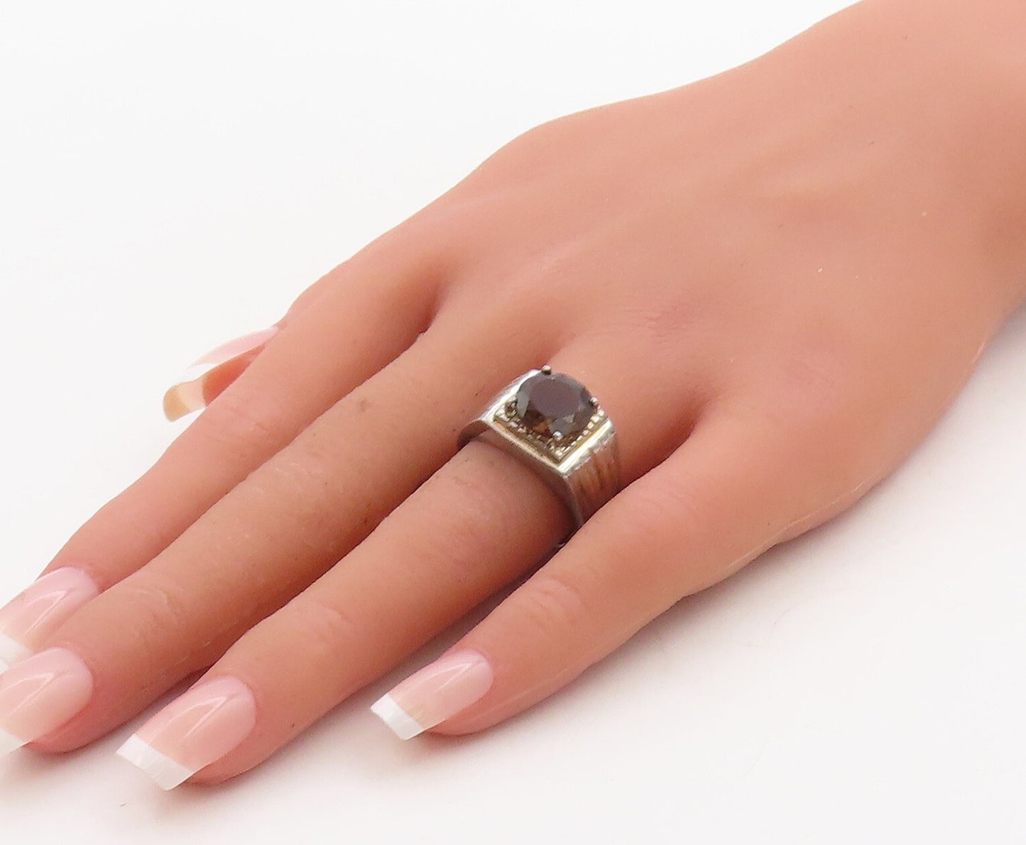 925 Sterling Silver Vintage Ring Grooved Lines Round Smoky Quartz Sz 8.5 RG31673