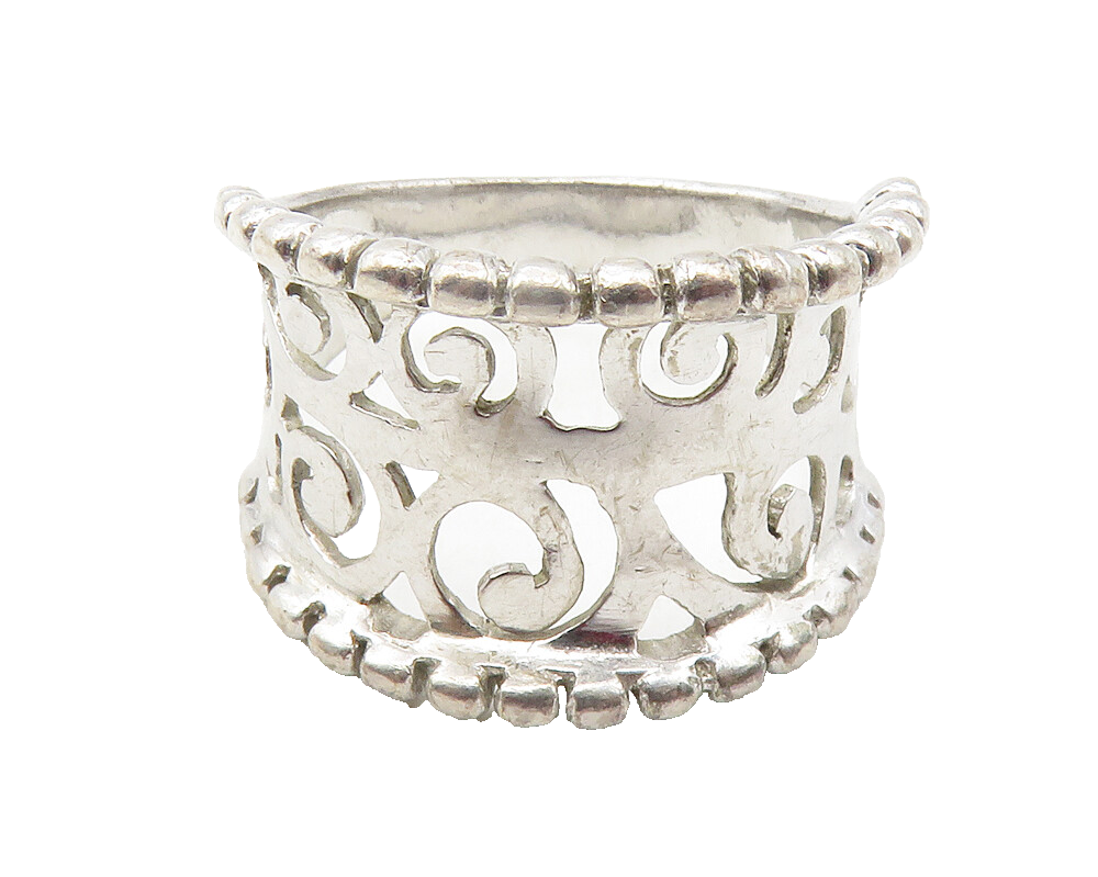 925 Sterling Silver  Shiny Swirl Cutout Fluted Trim Band Ring Sz 7  RG11802