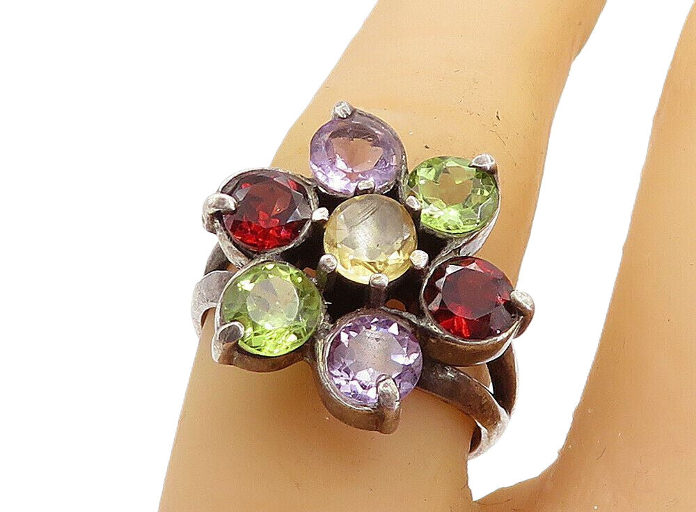 925 Silver  Vintage Peridot Amethyst Citrine & Garnet Ring Sz 7.5  RG5175