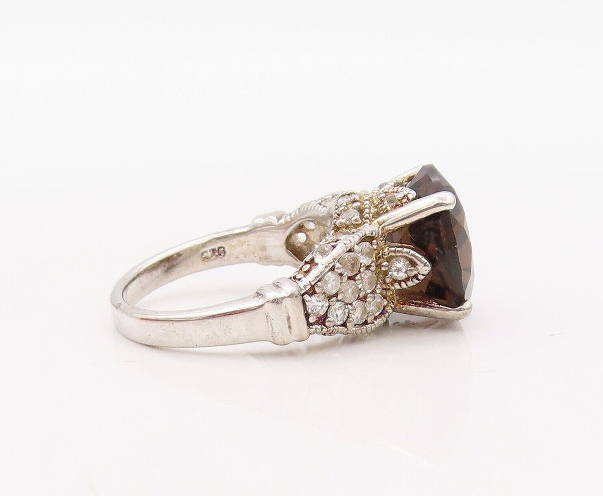 925 Sterling Silver Vintage Ring Round Smoky Quartz Carved Topaz  Sz 7  RG30185