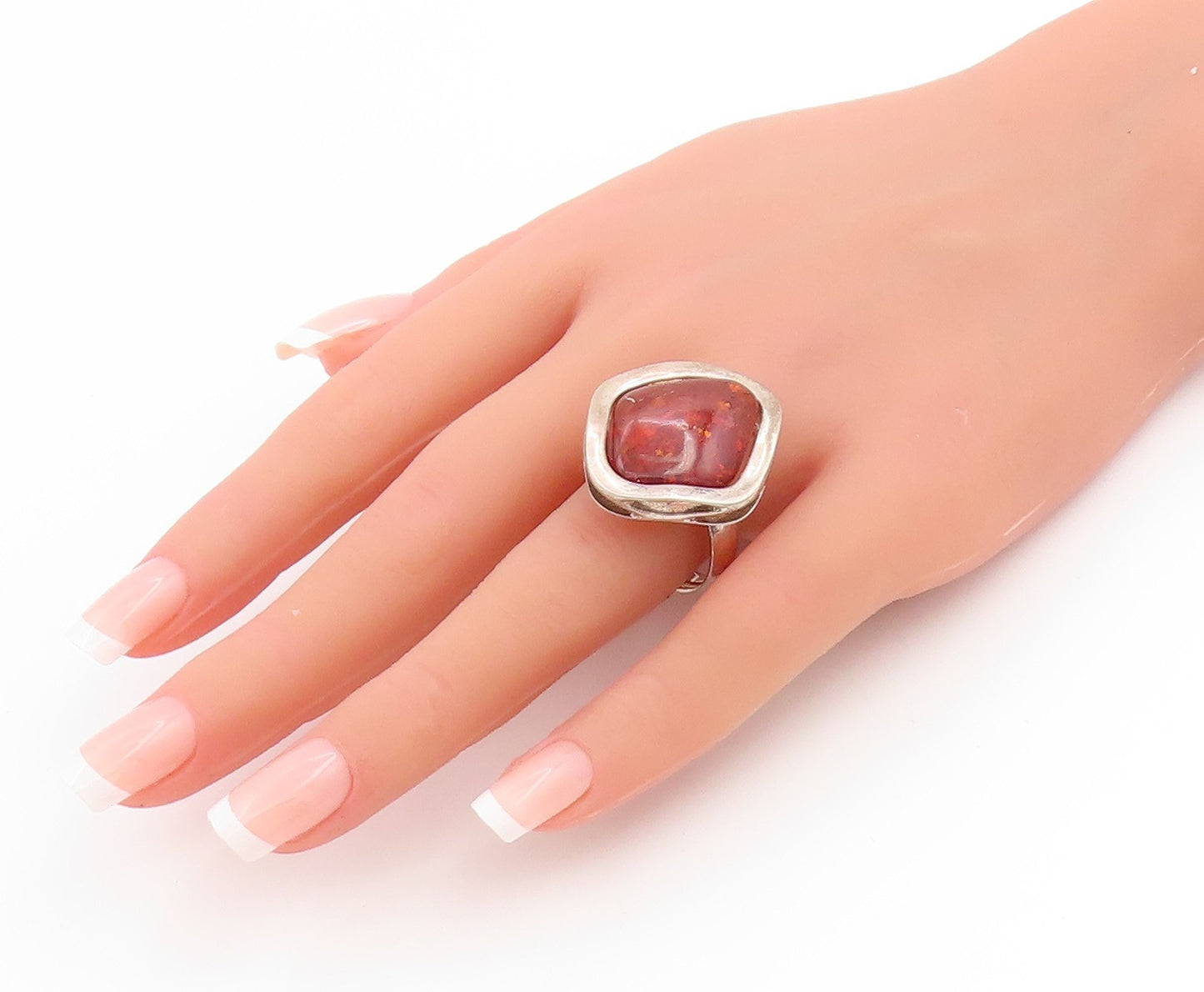 925 Sterling Silver Vintage Ring Large Cabochon Honey Amber Band  Sz 10  RG34000