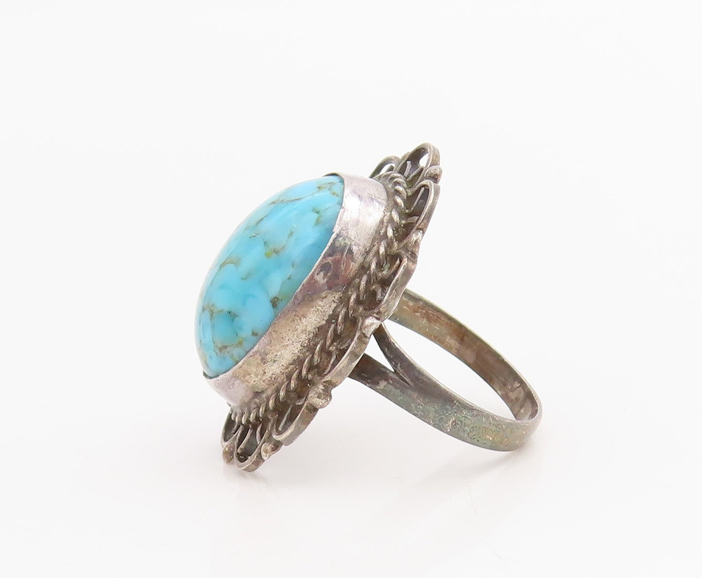 925 Sterling Silver Vintage Ring Cabochon Turquoise Scroll Band  Sz 6  RG34784