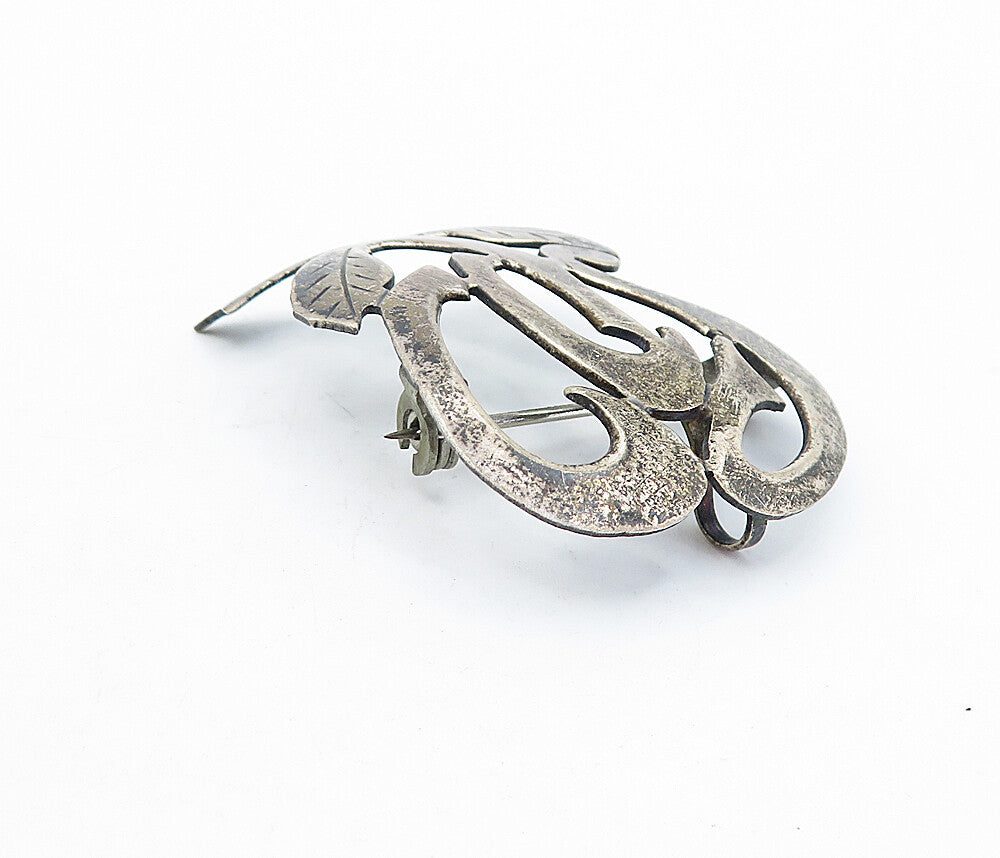ISRAEL 925 Sterling Silver  Vintage Dark Tone Floral Leaf Brooch Pin  BP1842