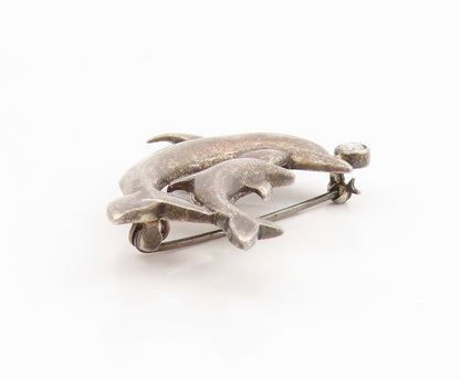 925 Sterling Silver Vintage Brooch Round Topaz Mother & Baby Dolphin  BP12143