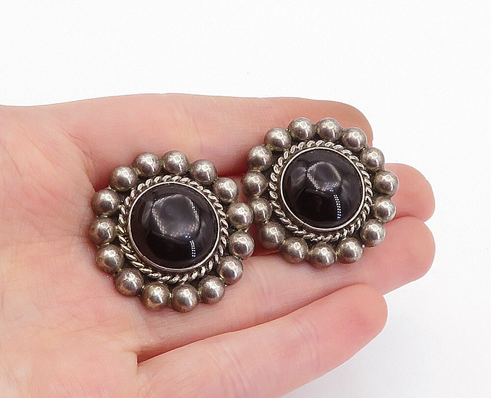 MEXICO 925 Silver  Vintage Black Onyx Floral Twist Non Pierce Earrings  EG2242