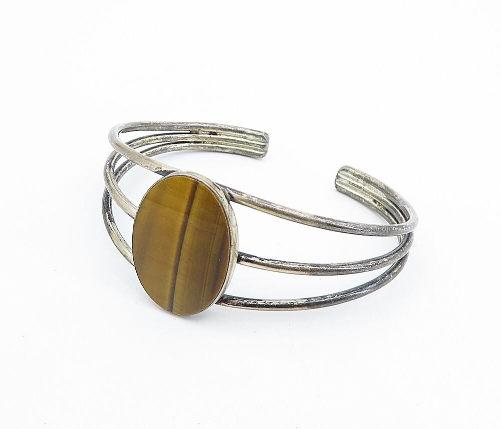 925 Sterling Silver  Vintage Tiger's Eye Split Shank Cuff Bracelet  BT2882
