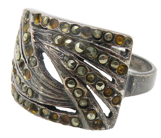 925 Sterling Silver  Vintage Marcasite Dark Tone Swirl Band Ring Sz 8  RG11880