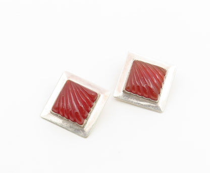 925 Sterling Silver Vintage Earrings Fluted Carnelian Geometric Clip On  EG14499