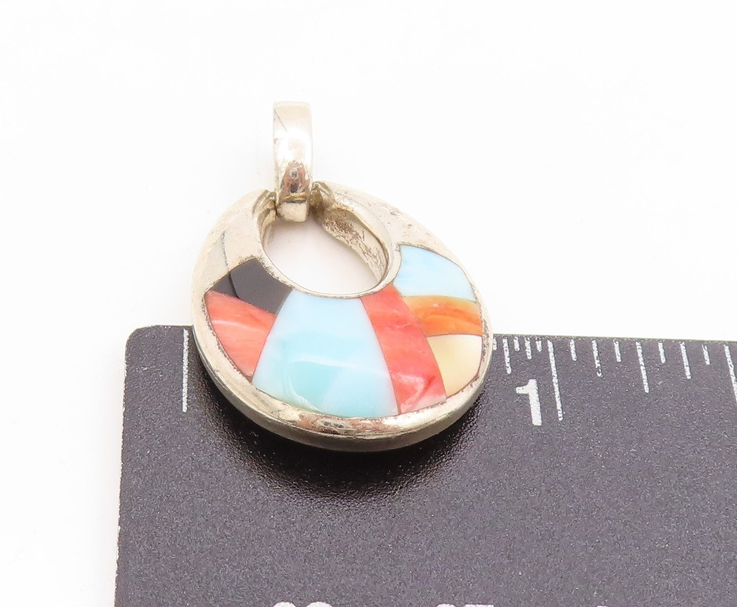 925 Sterling Silver Vintage Pendant Multi Gemstone Inlay Teardrop Charm  PT25147