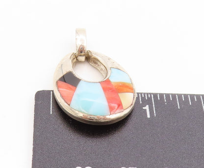 925 Sterling Silver Vintage Pendant Multi Gemstone Inlay Teardrop Charm  PT25147