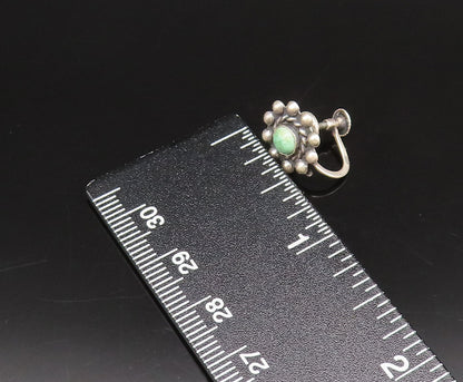 925 Silver  Vintage Green Turquoise Beaded Flower Screw Back Earrings  EG12277