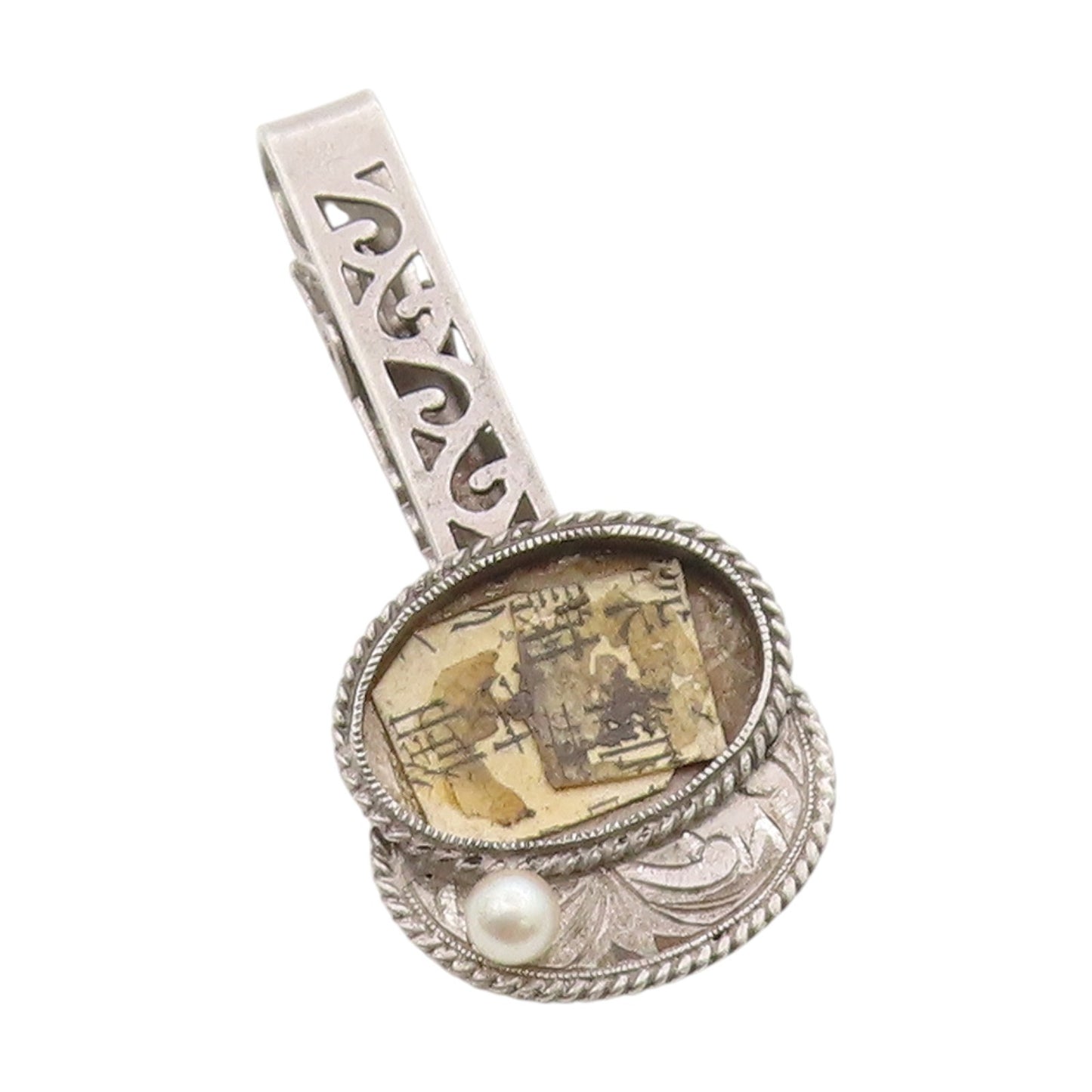 925 Sterling Silver Vintage Tie Clip Pearl Japanese Floral Swirly Design  TR4020
