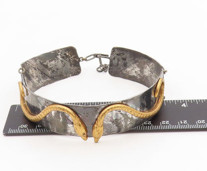 925 Sterling Silver Vintage Bracelet Two Tone Carved Serpentine Cuff  BT11576