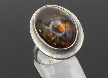 POLAND 925 Sterling Silver  Vintage Cabochon Cut Amber Band Ring Sz 9  RG20284