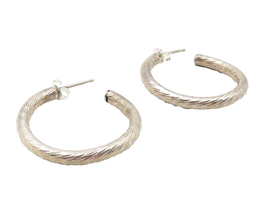 925 Sterling Silver  Vintage Shiny Etched Detail Round JHoop Earrings  EG6277
