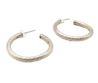 925 Sterling Silver  Vintage Shiny Etched Detail Round JHoop Earrings  EG6277